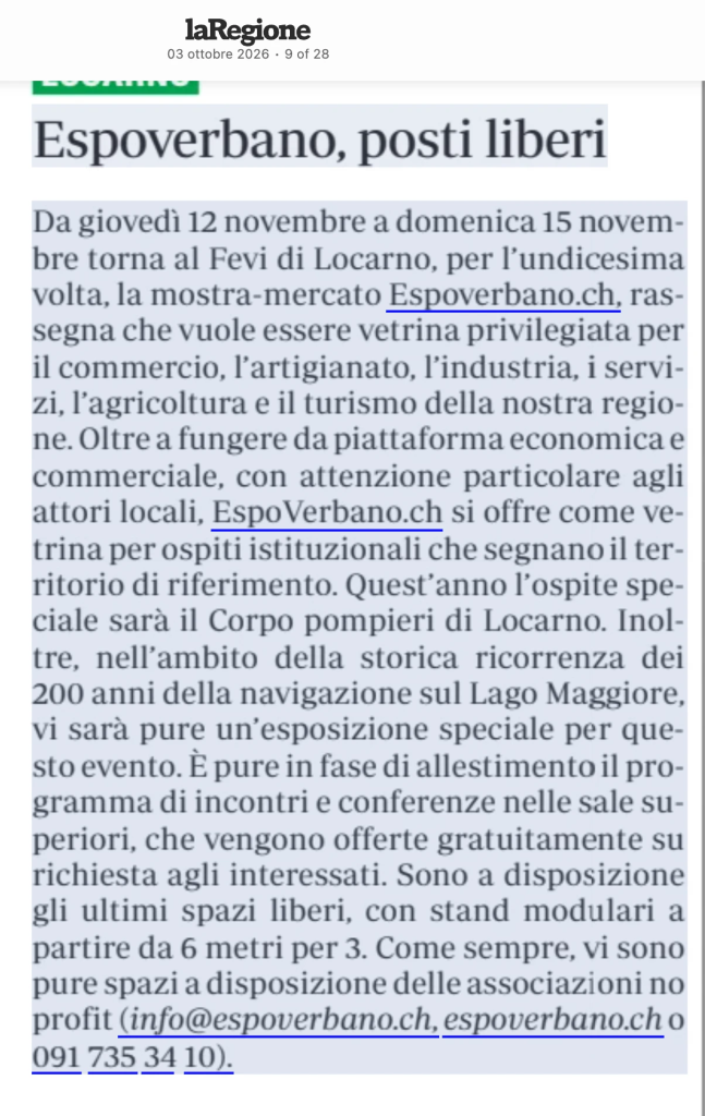 laRegione, 3 ottobre 2026: "Espoverbano, posti liberi" – dal 12 al 15 novembre 2026 l'11a edizione al FEVI di Locarno, ospite speciale il Corpo pompieri di Locarno