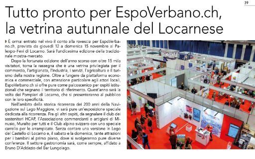 La Rivista di Locarno, ottobre 2026, pagina 39: «Tutto pronto per EspoVerbano.ch, la vetrina autunnale del Locarnese» – dal 12 al 15 novembre al Palexpo FEVI di Locarno, ospiti i Pompieri di Locarno