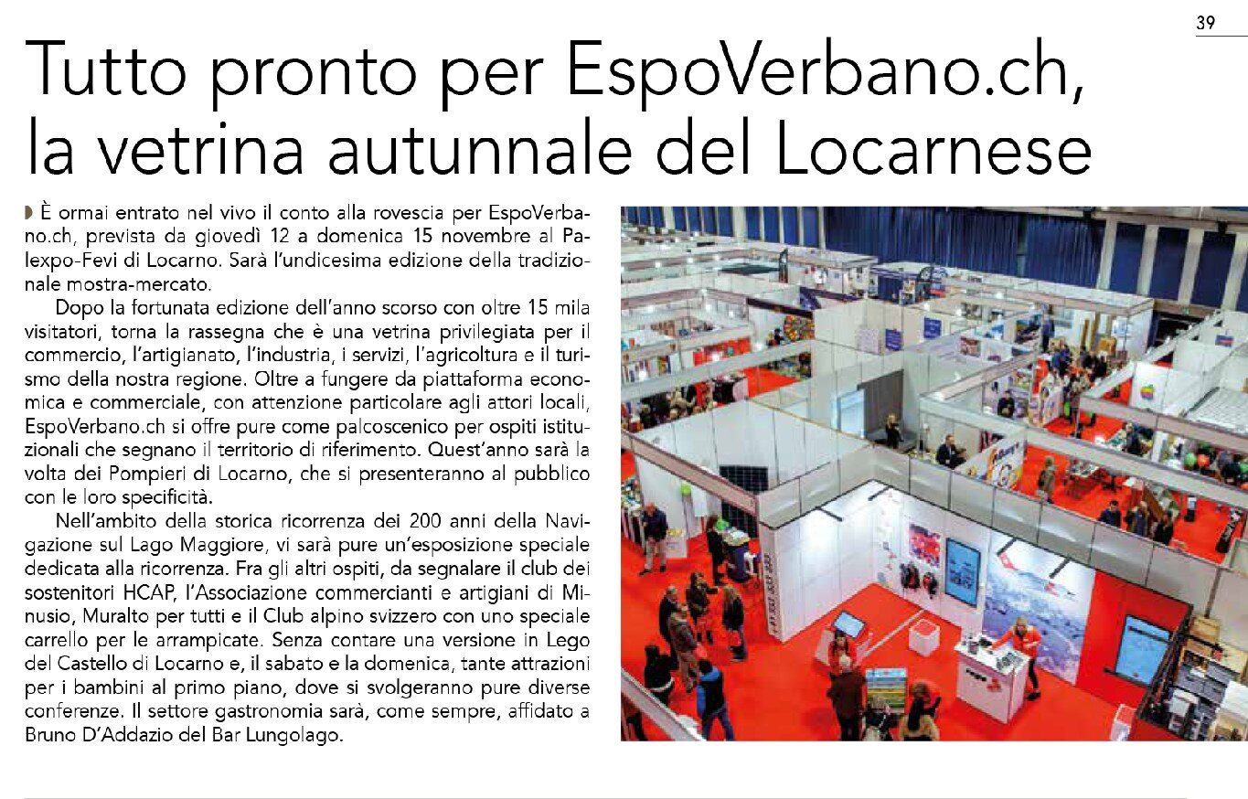 La Rivista di Locarno, ottobre 2026, pagina 39: «Tutto pronto per EspoVerbano.ch, la vetrina autunnale del Locarnese» – dal 12 al 15 novembre al Palexpo FEVI di Locarno, ospiti i Pompieri di Locarno