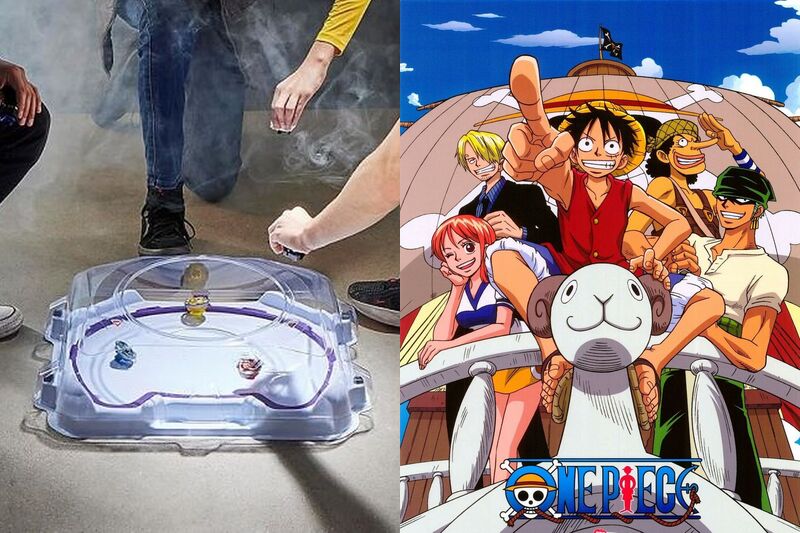Una sfida di Beyblade X e i personaggi di One Piece